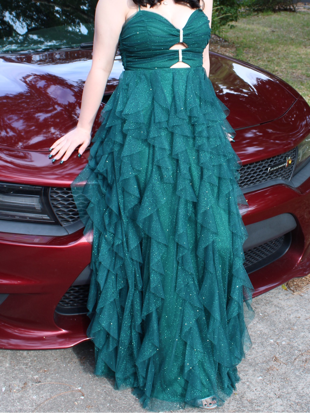 Sparkling Emerald Ruffled Prom Gown - Formal Dress